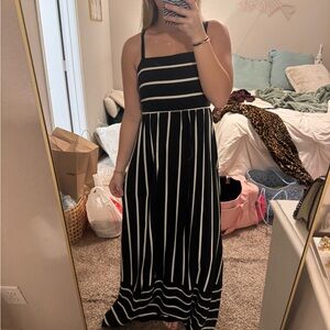 Black and White Striped Maxi Dress - Sleeveless Square Neck